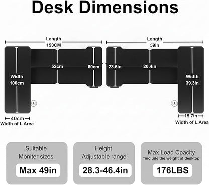 Acrolix L Shaped Electric Standing Desk - 59x40 Inch Reversible Corner Sit Stand Desk with Hook&Cup Holder,Electric Height Adjustable Table,for Home Office Gaming Computer Desk, Black Carbon