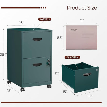 2 Drawer Mobile File Cabinet with Lock, Green Metal Filing Cabinets with Wheels, Vertical Rolling File Cabinet Fit Hanging Files, Letter and A4 Documents