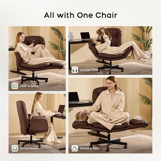 amseatec Criss Cross Office Chair with Armrests & Wheels, Recline 90/135 Lock, 400LBS Big and Tall Executive Office Chair, PU Leather Computer Desk Chair for Home & ADHD（Brown）