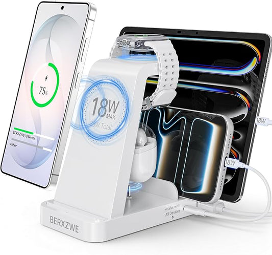 Wireless Charger for Samsung: 5 in 1 Samsung Wireless Charging Station for Galaxy S26Ultra/S25/S24, Charger Dock Stand for Galaxy Watch8/7/6/5, Android Charging Station for All USB-C Buds, White