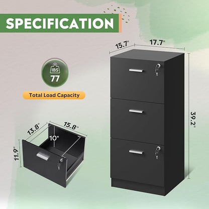 DEVAISE 3 Drawer File Cabinet with Lock, Vertical Wood Filing Cabinet for Office Storage, Printer Stand for Filing Cabinets for Home Office, Black