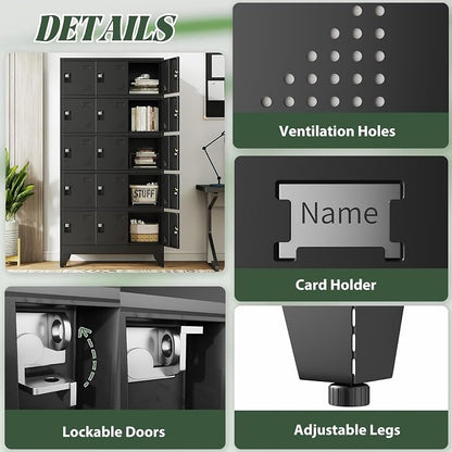 Metal Lockers for Employees-15 Doors Storage Locker with Shelves and Lockable Steel Cabinet for School,Gym,Office,Staff,Assembly Required,Black