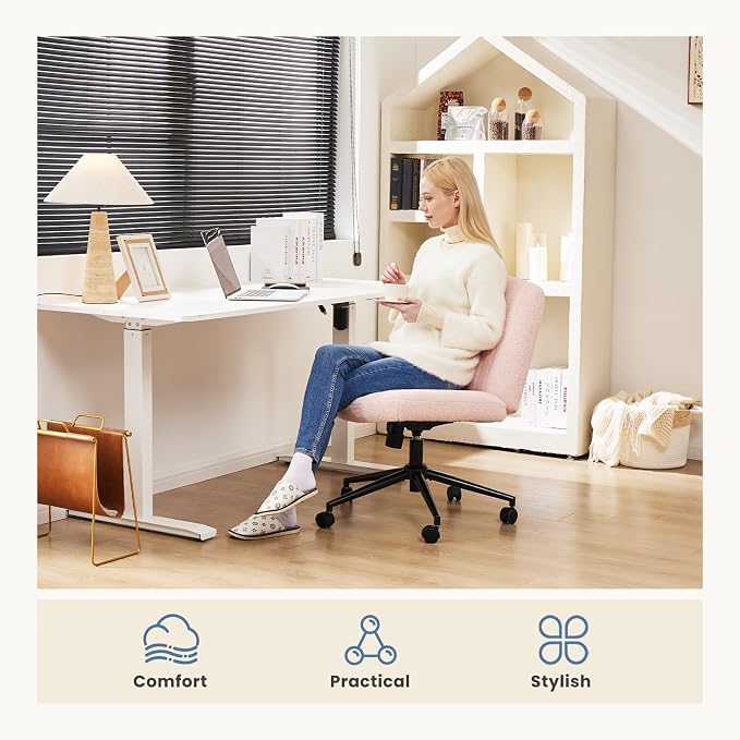 DUMOS Criss Cross Chair with Wheels, Wide Cross Legged Office Desk Vanity Chairs, Armless Height Adjustable Swivel Chairs for Home Computer Task, Teddy Fleece, Pink Wheel