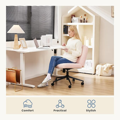 DUMOS Criss Cross Chair with Wheels, Wide Cross Legged Office Desk Vanity Chairs, Armless Height Adjustable Swivel Chairs for Home Computer Task, Teddy Fleece, Pink Wheel
