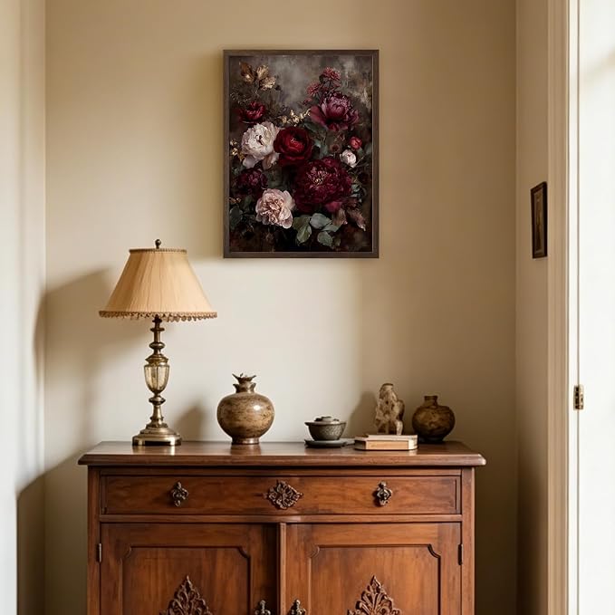Framed Vintage Dark Floral Wall Art, Moody Burgundy Peony Canvas Wall Decor Picture, Retro Rustic Botanical Still Life Painting for Living Room Bedroom Bathroom 8X10 Inch