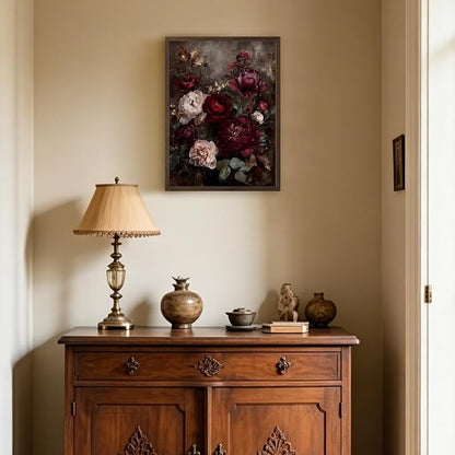 Framed Vintage Dark Floral Wall Art, Moody Burgundy Peony Canvas Wall Decor Picture, Retro Rustic Botanical Still Life Painting for Living Room Bedroom Bathroom 12x16 Inch