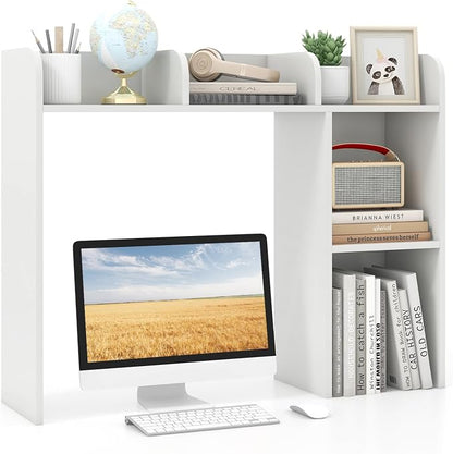 GOFLAME 5 Shelves Desktop Bookshelf, Wood Desk Hutch Dorm for Computer Desk, Countertop Display Rack, 3-Tier Desk Storage Organizer Shelf for Dormitory, Home Office, Study, White