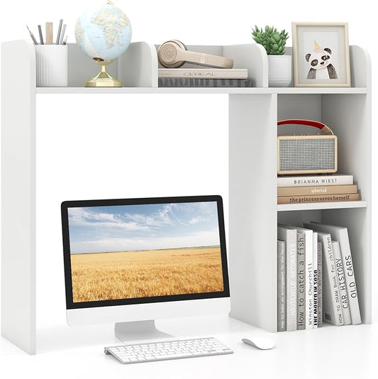 GOFLAME 5 Shelves Desktop Bookshelf, Wood Desk Hutch Dorm for Computer Desk, Countertop Display Rack, 3-Tier Desk Storage Organizer Shelf for Dormitory, Home Office, Study, White