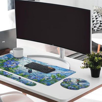 Britimes Floral Hummingbird Botanical Keyboard Mouse Pad Set Blue Nature 4in1 Large Mousepad+Keyboard Wrist Rest+Mouse Wrist Rest+Coaster Ergonomic Design for Home Office Computer 35.4x15.7 inches