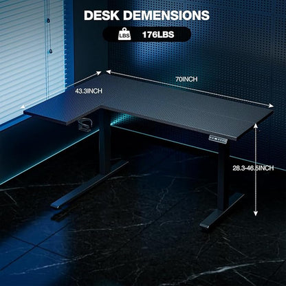 Muvai 71 Inch L Shaped Standing Desk Adjustable Height with Cable Management Tray,Gaming Electric Corner Standing Desk, Sit Stand Computer Table with Reversiable Splice Board, Black Carbon
