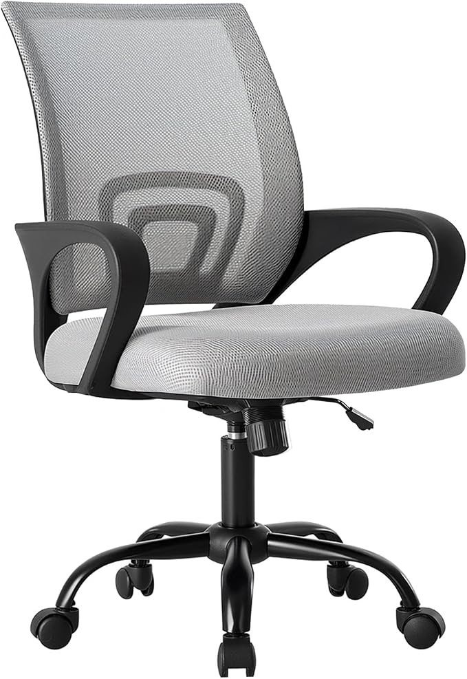 OLIXIS Office Desk Chair - Ergonomic Mid Back with Lumbar Support & Rocking Mode, Height Adjustable with Fixed Armrest, Storage Back for Computer, Gaming, Conference, Meeting Room, 360° Swivel, Grey