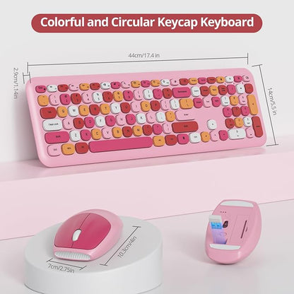 Surmen Cute Colorful Pink Keyboard and Mouse Wireless Silent, Full-Size Retro Typewriter Wireless Quiet Office Keyboard Low-Noise 2.4GHz for Computer, Desktop, Laptop(6-Colorful Pink)