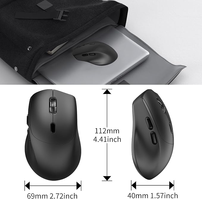 2.4G Wireless Silent Mouse with Side Keys, Ergonomic Wireless Computer Mouse, Suitable for Chromebooks, Laptops, Tablets, 1000/1600/2400DPI - Black