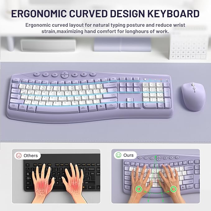 Wireless Keyboard and Mouse Combo,2.4G Full Size Ergonomic Curved Silent Keyboard with Fn Multimedia Keys for Office and Home, 3-DPI Quiet Mouse for Windows,Mac OS Desktop/Laptop/PC (Purple-B)