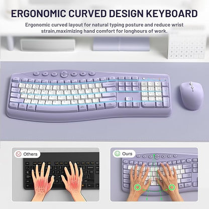 Wireless Keyboard and Mouse Combo,2.4G Full Size Ergonomic Curved Silent Keyboard with Fn Multimedia Keys for Office and Home, 3-DPI Quiet Mouse for Windows,Mac OS Desktop/Laptop/PC (Purple-B)