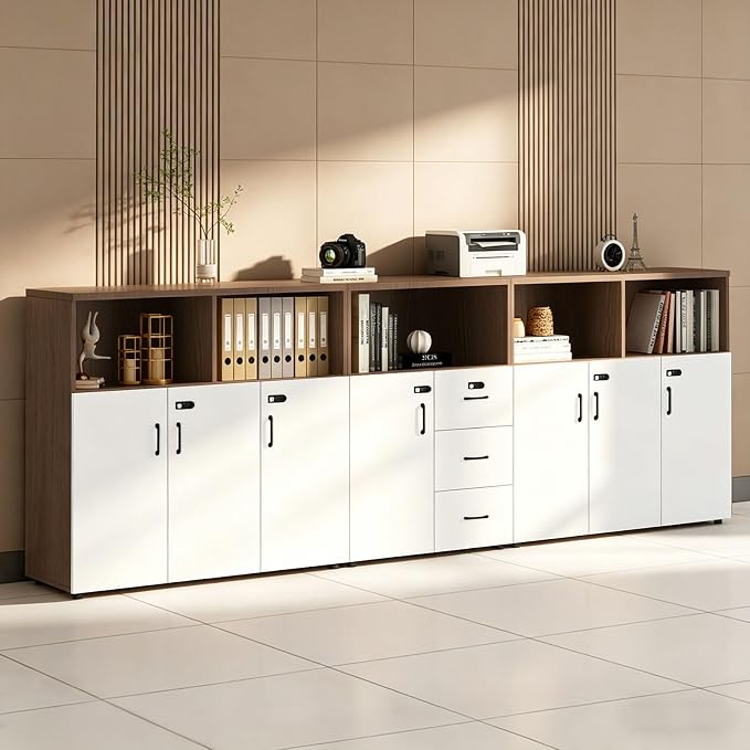 File Cabinet with Password Lock, Wood Lateral Filing Cabinet for Letter/A4 Files, 3 Drawer with Door, Printer Stand with Open Shelves for Home Office