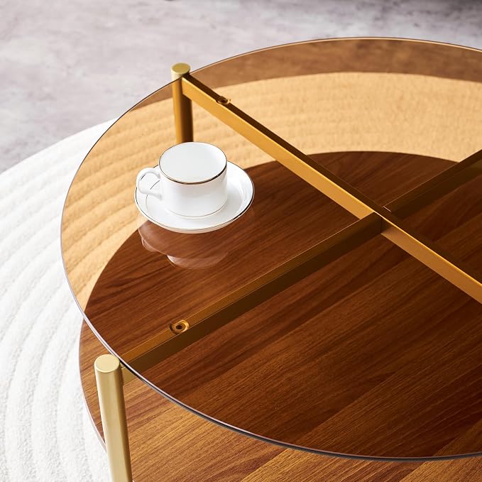 LumFurn Round Coffee Table, Mid-Century Modern Design, D30 x H17, for Living Room, 2-Tier Structure, Amber Glass Top and Walnut MDF Shelf, Sleek Conical Metal Legs with Gold Finish