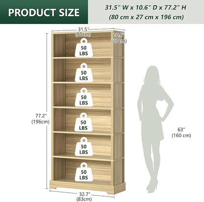 TVU 6-Tier Wooden Bookshelf, 77.2" Tall Farmhouse Style Open Bookcase, 31.5" W Standing Book Shelf with Storage, Suitable for Study, Living Room, Office, Natural Wood Color