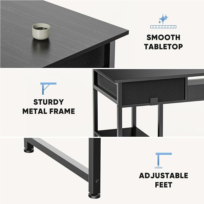 48" Small Gaming Desk with Drawers, Home Office Computer Writing Study Table with Storage Side Bag, Headphone Hook, and Adjustable Feet for Bedroom, Ink