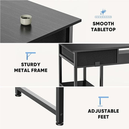 48" Small Gaming Desk with Drawers, Home Office Computer Writing Study Table with Storage Side Bag, Headphone Hook, and Adjustable Feet for Bedroom, Ink