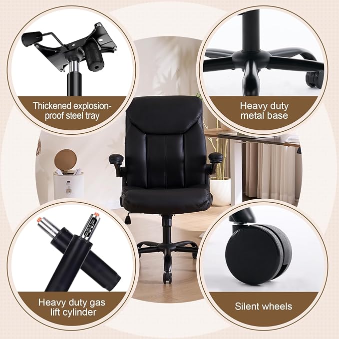 Leather Executive Office Chair - Ergonomic Computer Chair with Flip-up Arms Comfy PU Leather Home Desk Chairs Mid Back Support Adjustable Height Tilt Lock Swivel Rolling Wheels, Black