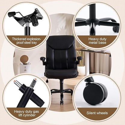 Leather Executive Office Chair - Ergonomic Computer Chair with Flip-up Arms Comfy PU Leather Home Desk Chairs Mid Back Support Adjustable Height Tilt Lock Swivel Rolling Wheels, Black