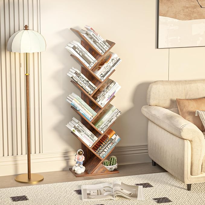 SHEEPAM 10 Tier Tree Book Shelf, Floor Standing Wood Bookshelf for Narrow Space, Storage Organizer Bookshelves for Books/CDs/Magazine, Bookcase with Shelves for Home Office, Living Room - Brown