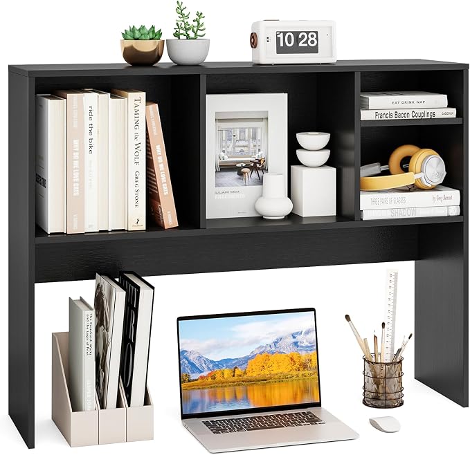 GOFLAME 4 Cubes Desktop Bookshelf, 37” Tabletop Wood Desk Shelf for Computer Monitor, Modern Countertop Desk Display Hutch Storage Organizer Shelf for Home Office, Dorm, Study, Black