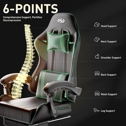 HLDIRECT Gaming Chair, Ergonomic Computer Office Chair with Lumbar Support Footrest Headrest, Adjustable Height & Backrest Angle Video Gamer Chair, PU Leather, 360° Swivel, Adult (Black&Green)