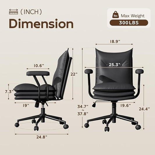 Black Leather Office Chair with Triple-Layer Seat, Home Desk Chair | Comfy 7.3-inch Thick Cushion, Mid Back Ergonomic Support for Long Hours, Smooth Silent Wheels, Mid-Century Vintage Style