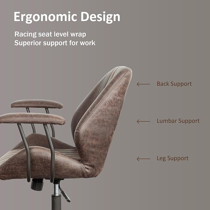 Mid Back Home Office Chair, Mid Century Modern Leather Computer Desk Chair, Comfy Executive Rolling Swivel Task Chair with Wheels Armrest Height Adjustable,Dark Brown