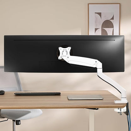 AVLT Single Monitor Arm Desk Mount for 17-49" Screens, Heavy Duty - White | Supports flat/curved/ultrawide screens up to 50 lbs. Gas spring lift, USB 3.0/AUX ports, VESA and cable management.