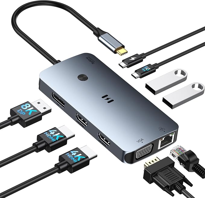 USB C Docking Station Dual Monitor Adapter, Selore Laptop Docking Station 3 Monitors Quad Display with 2 HDMI, DP, VGA, Ethernet, 3 USB A&C 3.0, 100W PD, USB C Hub Dongle for DELL, HP and More