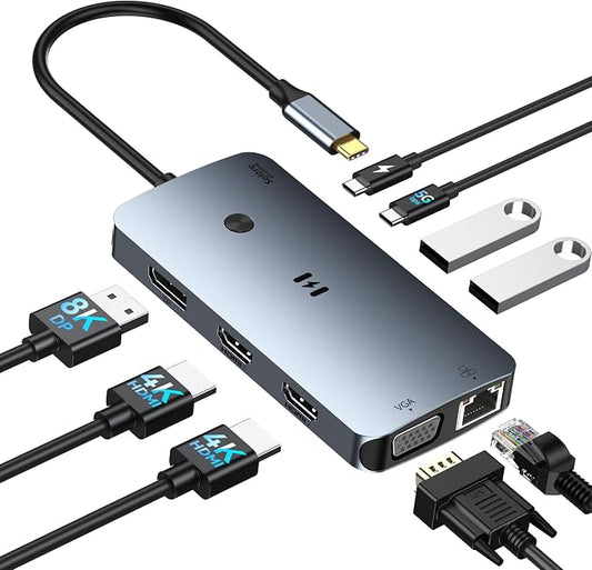 USB C Docking Station Dual Monitor Adapter, Selore Laptop Docking Station 3 Monitors Quad Display with 2 HDMI, DP, VGA, Ethernet, 3 USB A&C 3.0, 100W PD, USB C Hub Dongle for DELL, HP and More