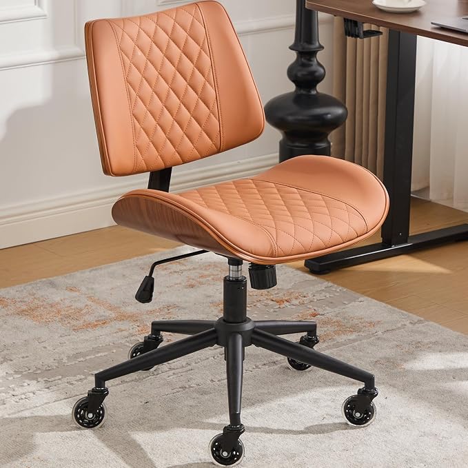 Armless Office Chair with Wheels, Ergonomic Leather Chair, Mid Back 360 Swivel Computer Chair, Modern Walnut Desk Chair for Small Space, Reading, Meeting Room, Brown, Faux Leather