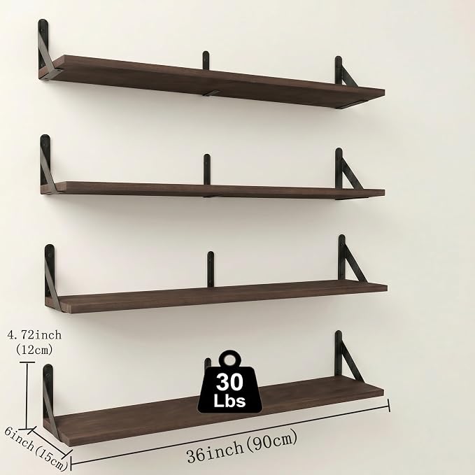 Long Wall Shelf,Large Floating Shelves for Wall,Wood Floating Bookshelves Hanging,Book Storage Display for Living Room Bedroom Office Bathroom Decor,4 Pack,36 Inch,Dark Brown