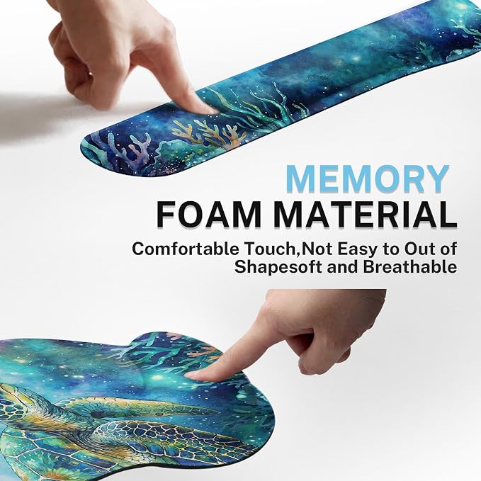 Britimes Turtle Galaxy Ocean Keyboard Mouse Pad Set Watercolor Coral 4in1 Large Mousepad+Keyboard Wrist Rest+Mouse Wrist Rest+Coaster Ergonomic Design for Home Office Computer 35.4x15.7 inches