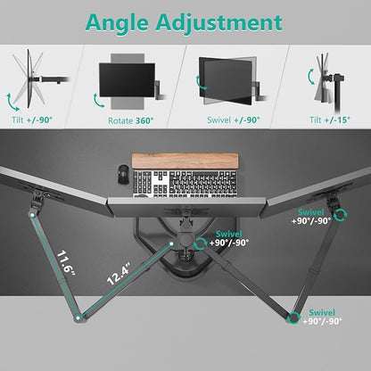 WALI Triple Monitor Stand, Free Standing Three LCD Monitor Fully Adjustable Desk Mount Fits 3 Screens up to 27 inch, 22 lbs Weight Capacity per Arm (MF003), Black