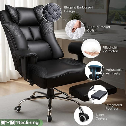 GTPLAYER Big and Tall Office Chair Wide Ergonomic Gaming Chair with Deluxe Embossing Designed Leather with Foot Rest,150°Reclining Adjustable Soft Armrests Pocket Spring Back Support and Pillow
