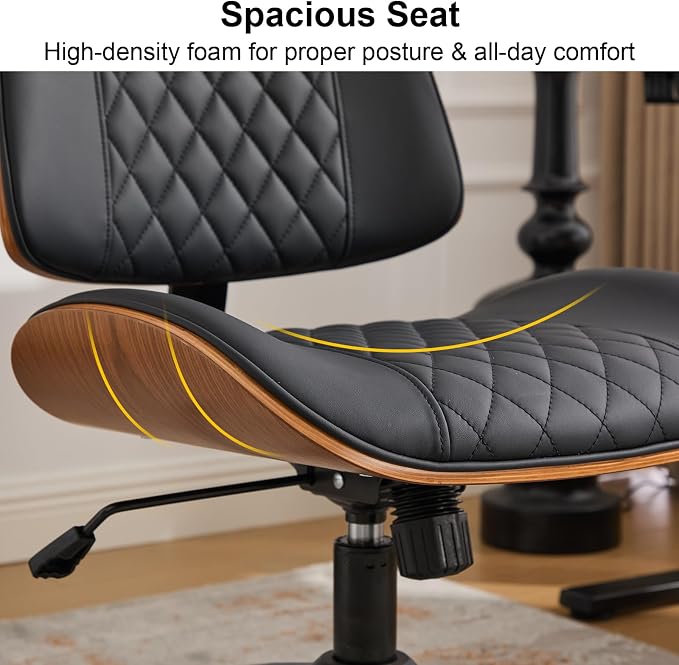 Armless Office Chair with Wheels, Ergonomic Leather Chair, Mid Back 360 Swivel Computer Chair, Modern Walnut Desk Chair for Small Space, Reading, Meeting Room, Black