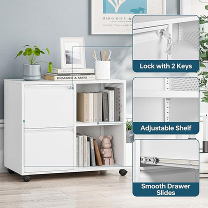MIIIKO 2 Drawer File Cabinet with Lock, Metal Rolling Printer Stand Filing Cabinets with Drawers for Home Office,A4, Letter Size File Folders(White)
