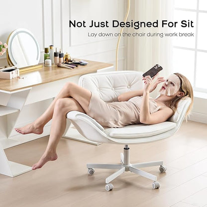 amseatec Criss Cross Office Chair, PU Leather Vanity Chair with 5-Level Adjustable Armrests & Swivel, Ergonomic Criss Cross Chair for Home Office Bedroom Makeup（White）