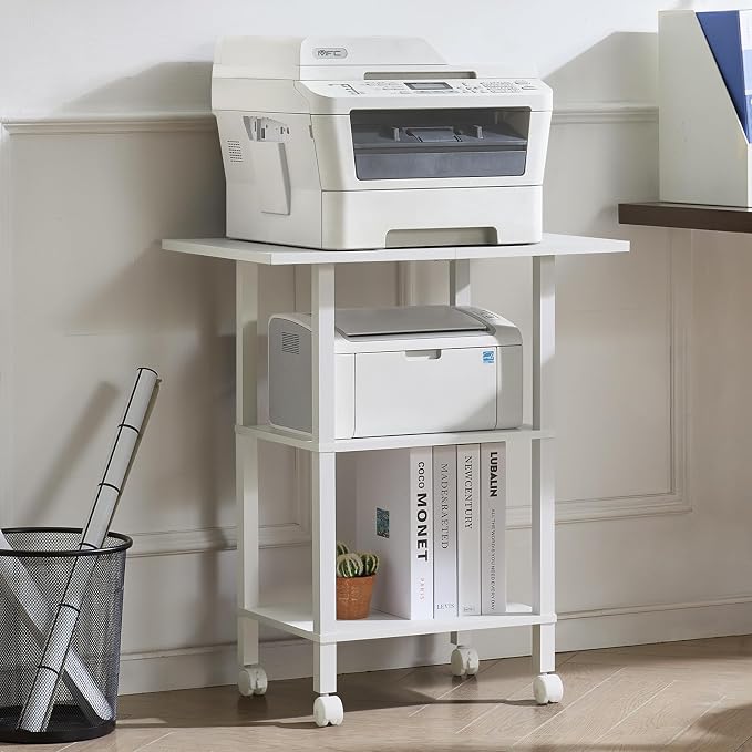 YUFAM White 3 Tier Home Printer Stand with Storage, Wooden Mobile Printer Table Shelf, Rolling Printer Cart Shelf with Lockable Wheels fit Fax Machine, Scanner