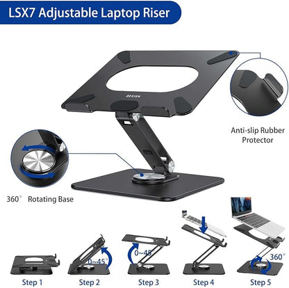 BESIGN LSX7 Laptop Stand with 360 Rotating Base, Ergonomic Adjustable Notebook Riser, Foldable Computer Holder Compatible with 10-15.6" Laptops (Black)