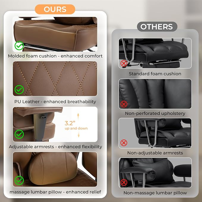 Dowinx Big and Tall Office Chair 400 Lbs with Rotating Massage Lumbar Support, Wide Thick Seat Cushion and Adjustable Armrest,Computer Gaming Chairs with Footrest,Brown
