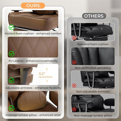 Dowinx Big and Tall Office Chair 400 Lbs with Rotating Massage Lumbar Support, Wide Thick Seat Cushion and Adjustable Armrest,Computer Gaming Chairs with Footrest,Brown