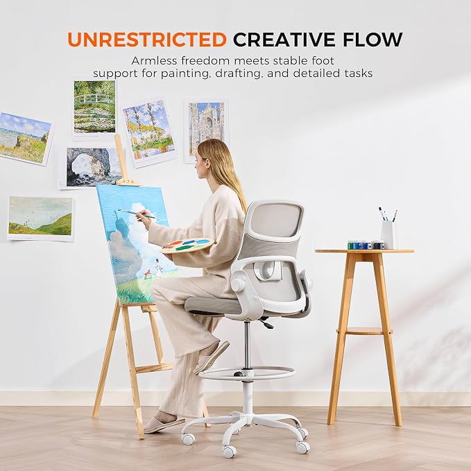 Drafting Chair Armless, Tall Office Chair with Adjustable Foot Ring and Lumbar Support, Ergonomic Mesh High Desk Chair for Standing Desk, Apricot