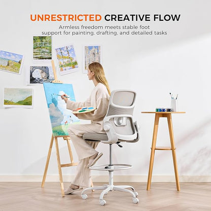 Drafting Chair Armless, Tall Office Chair with Adjustable Foot Ring and Lumbar Support, Ergonomic Mesh High Desk Chair for Standing Desk, Apricot