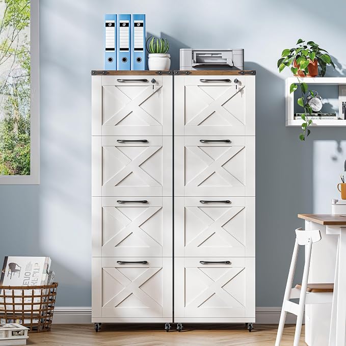 Vabches Vertical Farmhouse Locking Rolling File Cabinet, Office Filing Cabinet with 4 Drawers & Wheels for Hanging Files Letter/A4，Printer Stand for Home Office