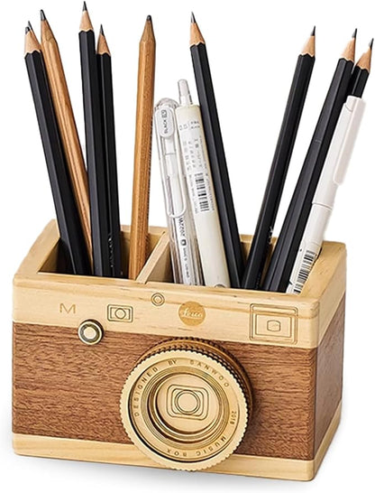 Vintage Wooden Camera Pencil Holder – Retro Desk Organizer for Pens & Stationery, Unique Photography Gift for Photographers, Creative Wooden Pen Holder for Office & Home Decor (Double slot)